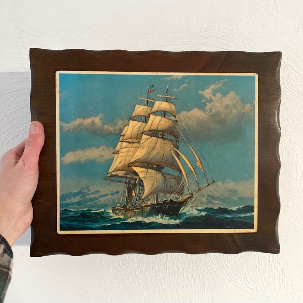 midcentury wood-mounted Clipper Ship art - vintage nautical boat print
